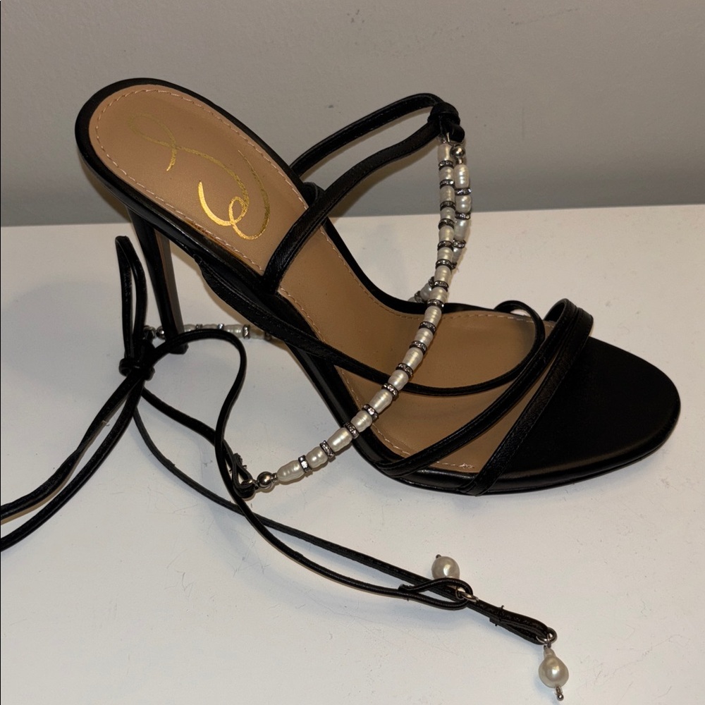 Sam Edelman black leather/pearl tie up heels